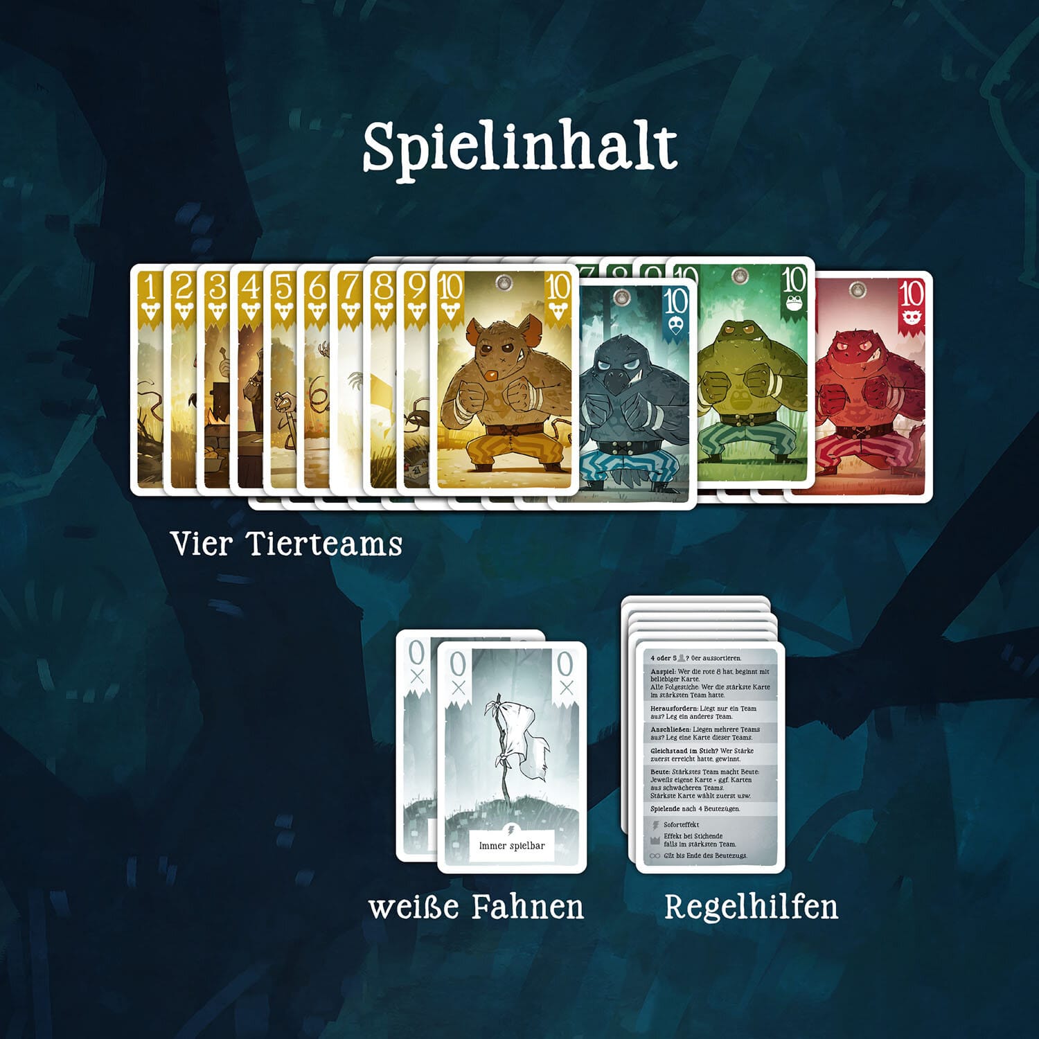 Spielkarten von Tricky Teams mit Tiermotiven und Zahlenwerten