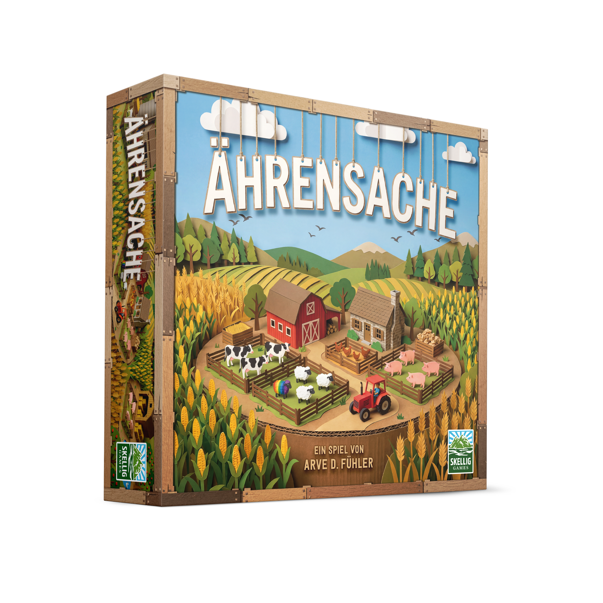 Verpackung von Ährensache (Skellig Games): 3D-Schachtel mit Illustration eines Bauernhofs mit Feldern, Tieren und Traktor