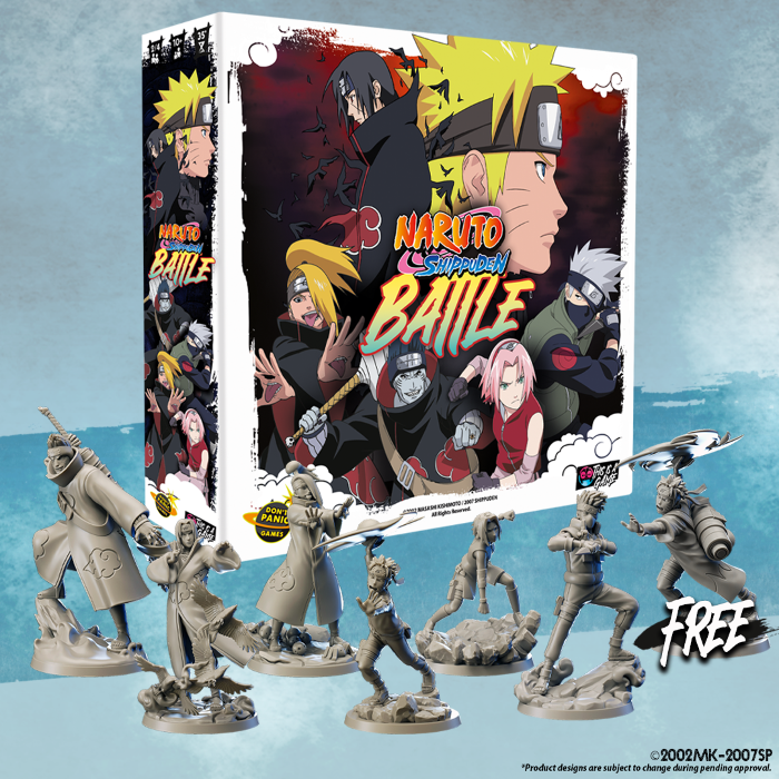 Kampagnenbild zu Naruto Shippuden Battle: Spielschachtel mit Anime-Artwork und sechs unbemalten Miniaturen davor