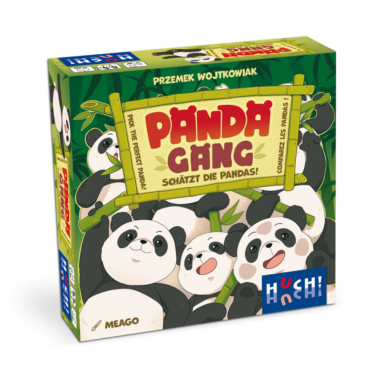 Verpackung von Panda Gang (HUCH!): Cartoon-Pandas mit Bambusrahmen und Schriftzug "Pick the perfect Panda"