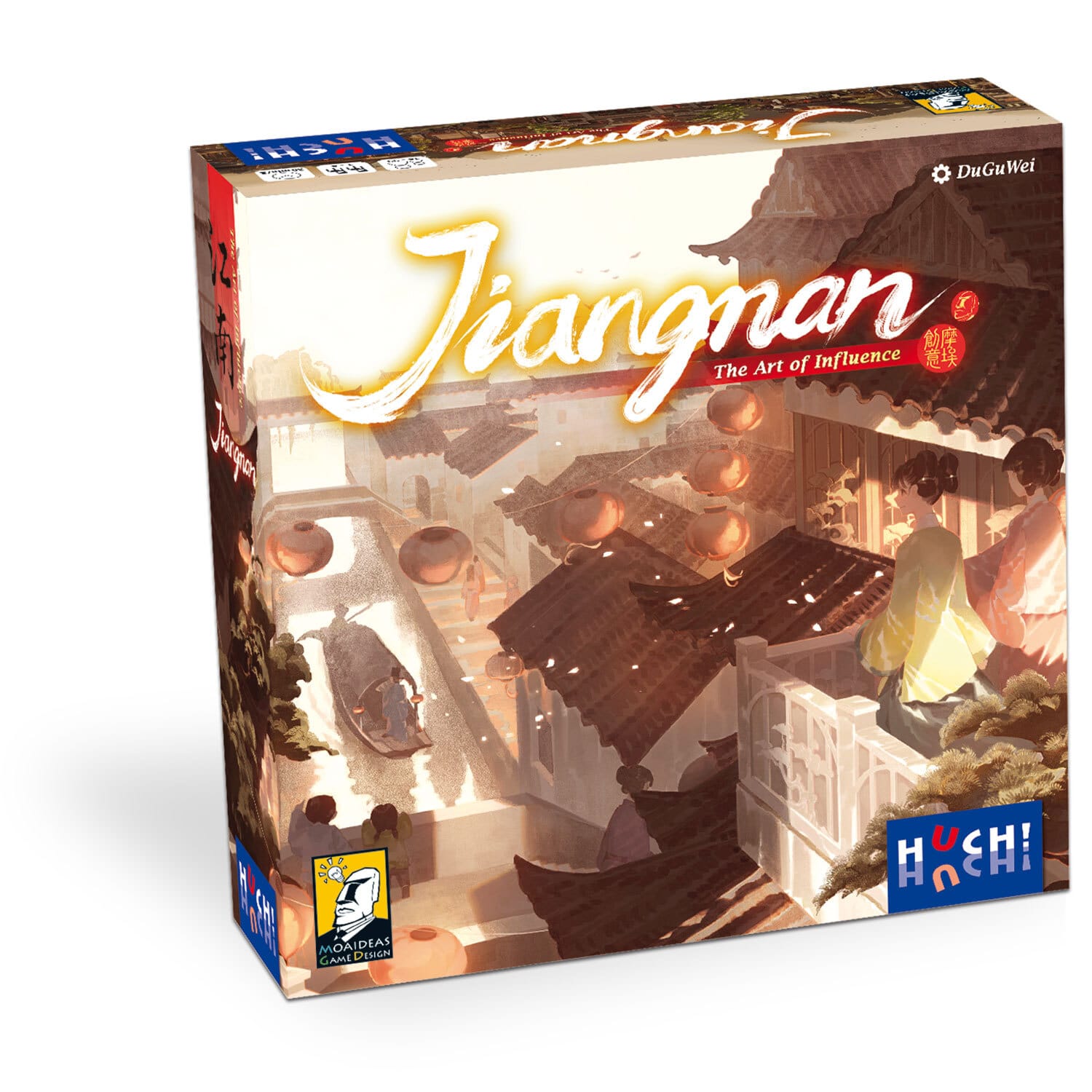 Verpackung von Jiangnan (HUCH!): gemalte Dachlandschaft mit Laternen und zwei Figuren in historischer chinesischer Kleidung auf einem Balkon