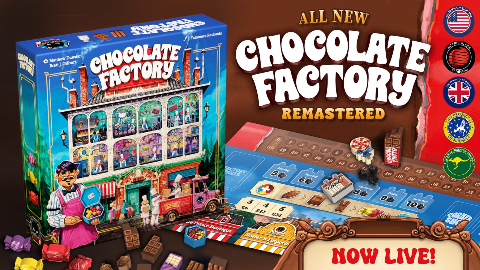 Kampagnenbild zu Chocolate Factory Remastered: illustrierte Schokoladenfabrik auf der Spielschachtel neben einem aufgebauten Spielplan-Ausschnitt