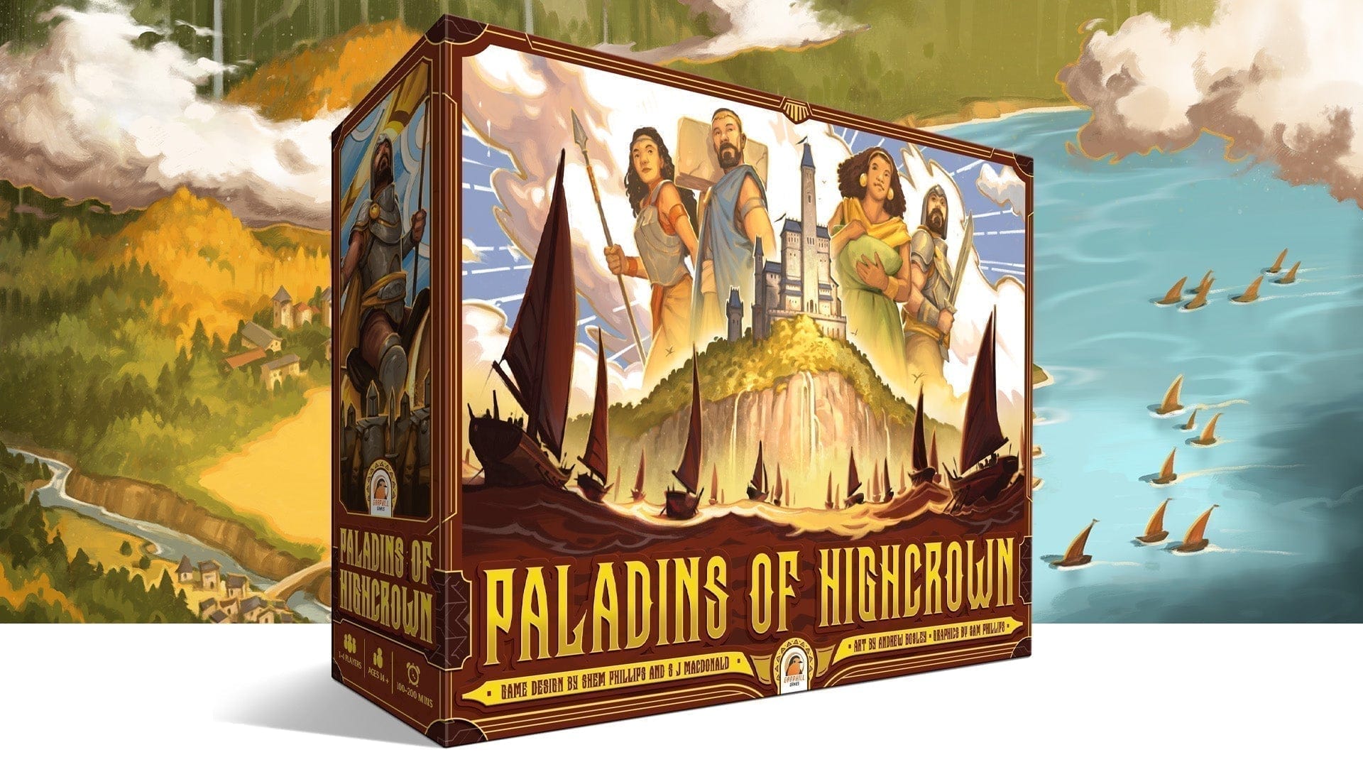 Box-Mockup von Paladins of Highcrown (Garphill Games): vier Figuren vor einer Turmburg auf einer Klippe, umgeben von Segelschiffen