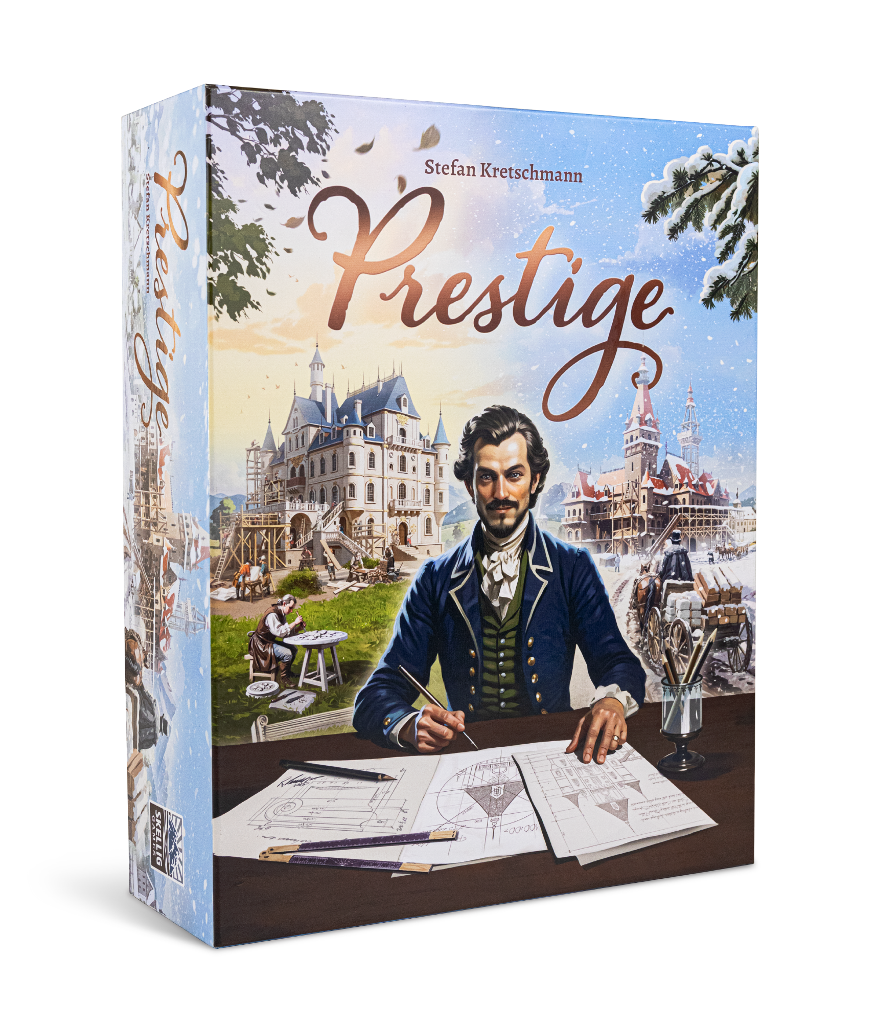 Verpackung von Prestige (Skellig Games): 3D-Schachtel mit Illustration eines Adligen am Schreibtisch vor winterlichem Schlossmotiv