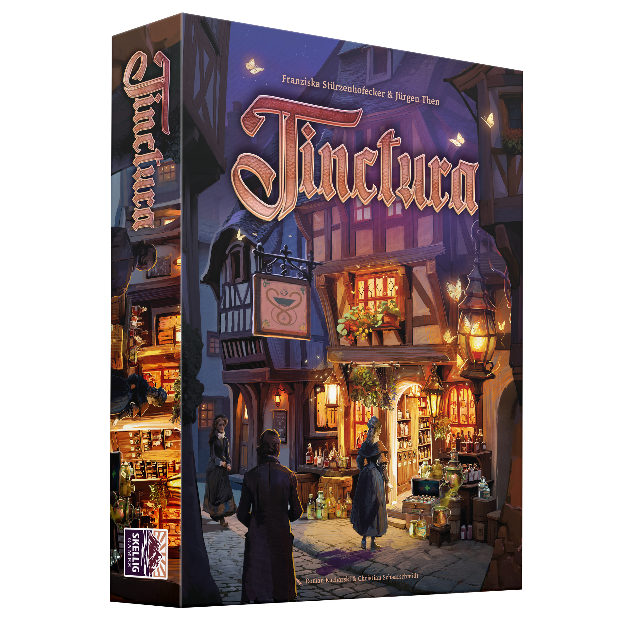 Verpackung von Tinctura (Skellig Games): 3D-Schachtel mit Illustration einer beleuchteten Apotheke in einer historischen Altstadtgasse