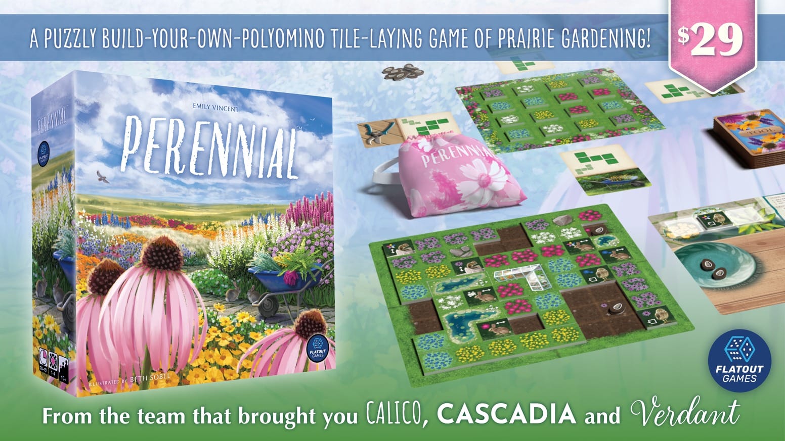 Kampagnenbild zu Perennial: Spielschachtel mit Blumenwiesen-Illustration neben aufgebautem Spielplan mit Beet-Feldern