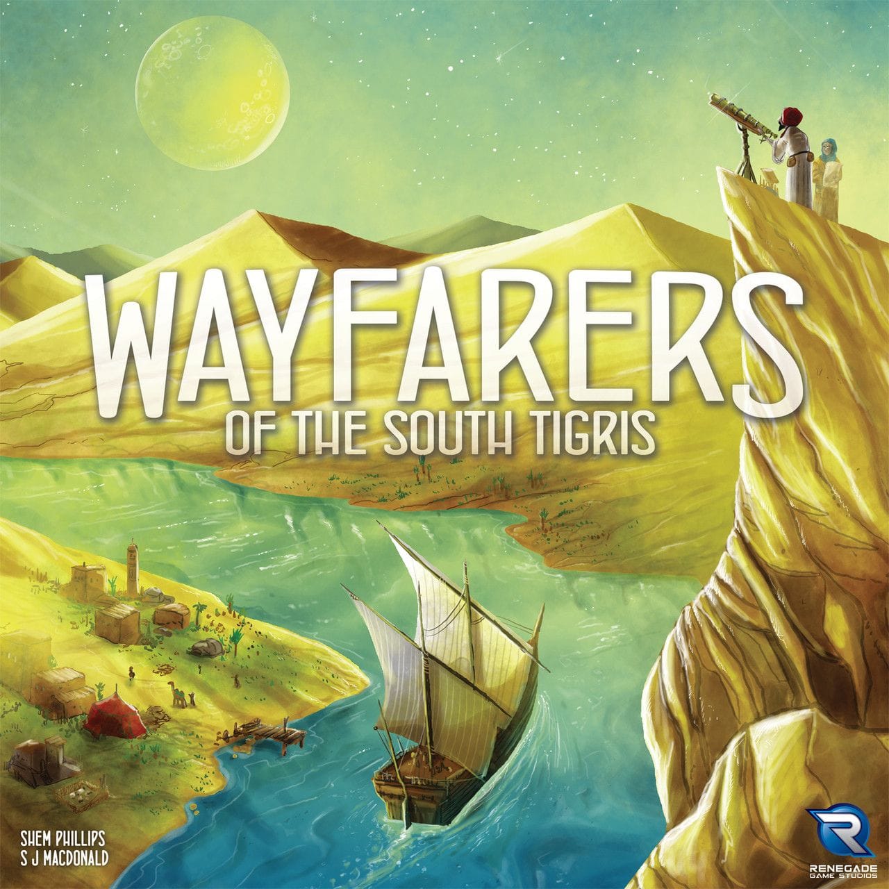 Verpackung von Wayfarers of the South Tigris (Renegade Game Studios): Segelboot auf einem Fluss zwischen Wüstenbergen, zwei Figuren beobachten mit Fernrohr von einer Klippe