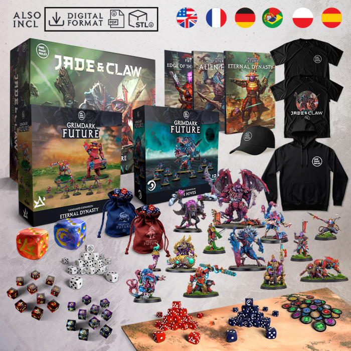 Verpackungen und Miniaturen von Grimdark Future: Jade & Claw mit Eternal Dynasty und Alien Hives