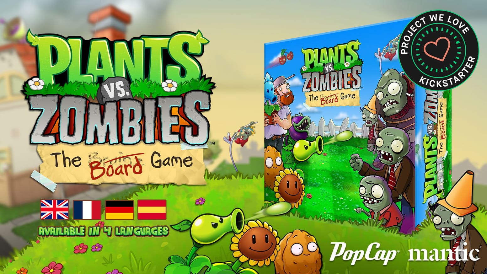 Kampagnen-Key-Art von Plants vs. Zombies: The Board Game mit Verpackung