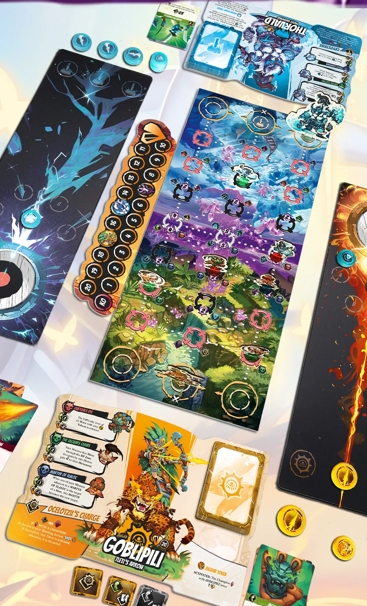 Spielmaterial von Mighty Shot auf dem Tisch mit Arena-Spielplan, Champion-Karten und Markern
