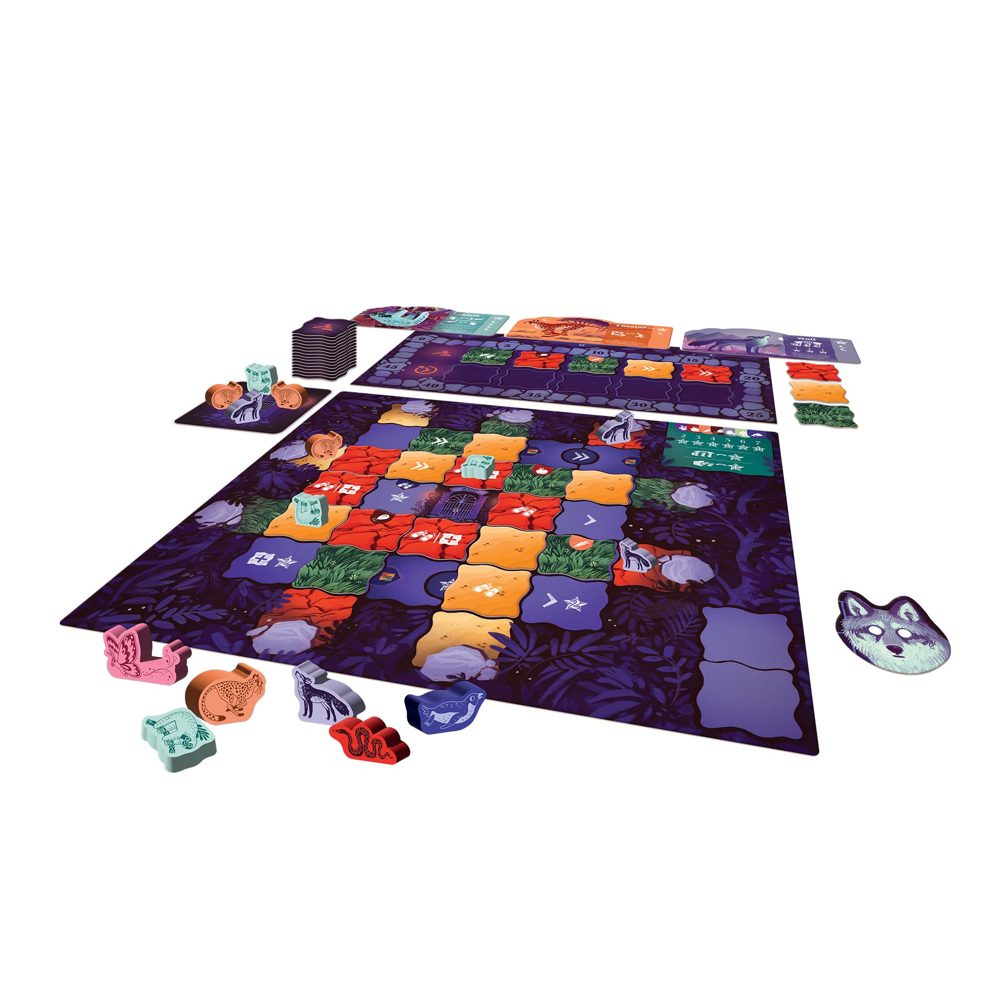 Aufgebautes Spielmaterial von „Nacht im Zoo“ mit Spielplan, Plättchen und Tierfiguren