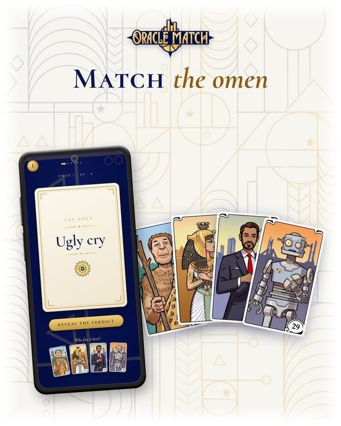 Phone-Mockup der Oracle-Match-App mit der Oberfläche "Match the omen" neben vier Charakterkarten (Höhlenmensch, Cleopatra, Geschäftsmann, Roboter)