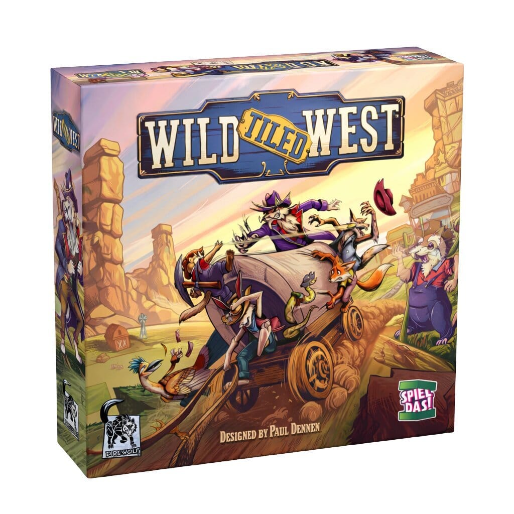 Spielecover von Wild Tiled West, Western-Plättchenlegespiel von SPIEL DAS! (deutsche Ausgabe, Vertrieb Hutter Trade)
