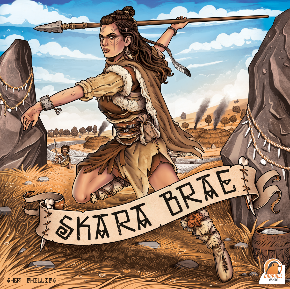 Skara Brae Brettspiel: Cover der Garphill-Ausgabe mit neolithischer Siedlung auf den Orkney-Inseln