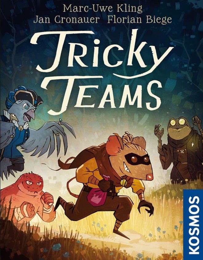 Schachtelcover von Tricky Teams mit den vier Tierteams Feldmäuse, Laubfrösche, Eidechsen und Finken