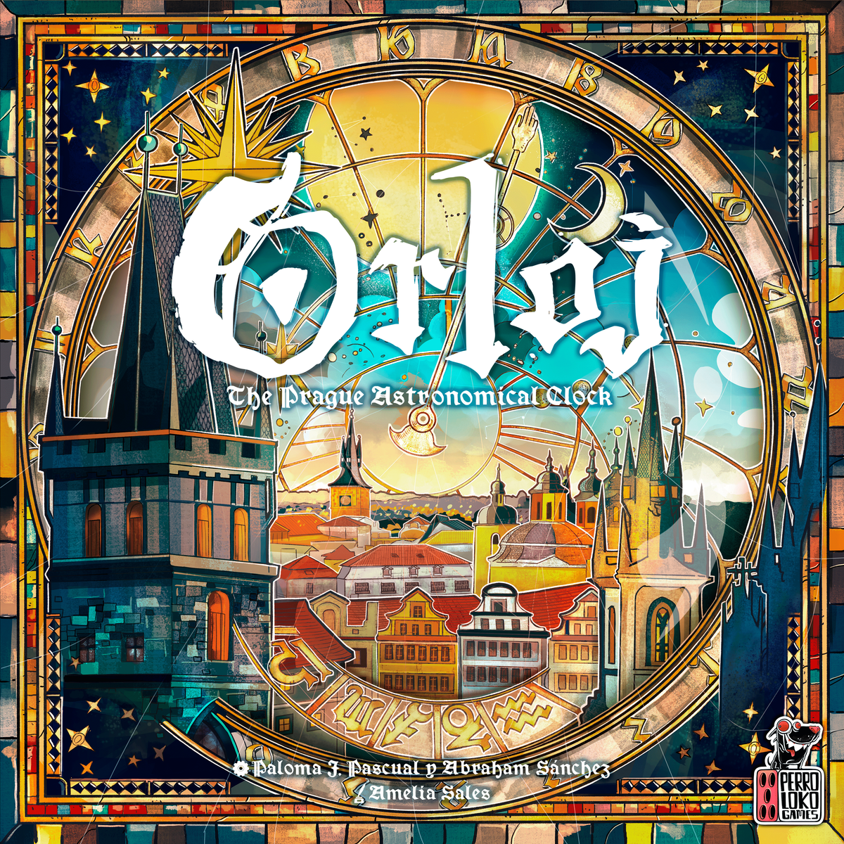 HOROLOGIUM - Die Orloj von Prag, die deutsche Ausgabe des Experten-Euros von Frosted Games: Spielschachtel mit dem doppelten Rondell der Prager Orloj.