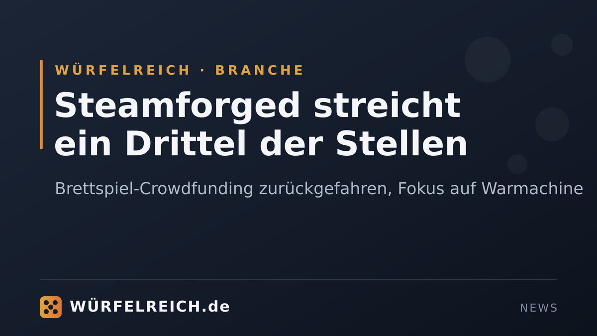 Gebrandetes Würfelreich-Title-Card zur Branchen-News: Steamforged streicht ein Drittel der Stellen, Brettspiel-Crowdfunding zurückgefahren, Fokus auf Warmachine.