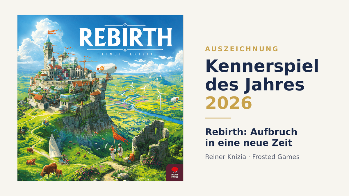 Cover von Rebirth: Aufbruch in eine neue Zeit (Reiner Knizia, Frosted Games) mit dem Schriftzug Kennerspiel des Jahres 2026