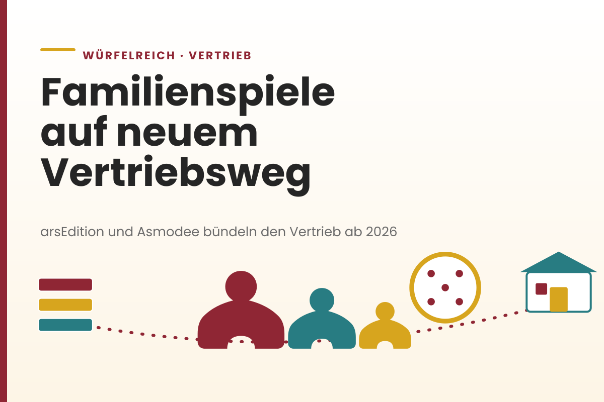 Helle Vektorgrafik: gepunktete Vertriebslinie von einem Bücherstapel über Spielfiguren und Würfel zu einem Ladengebäude.