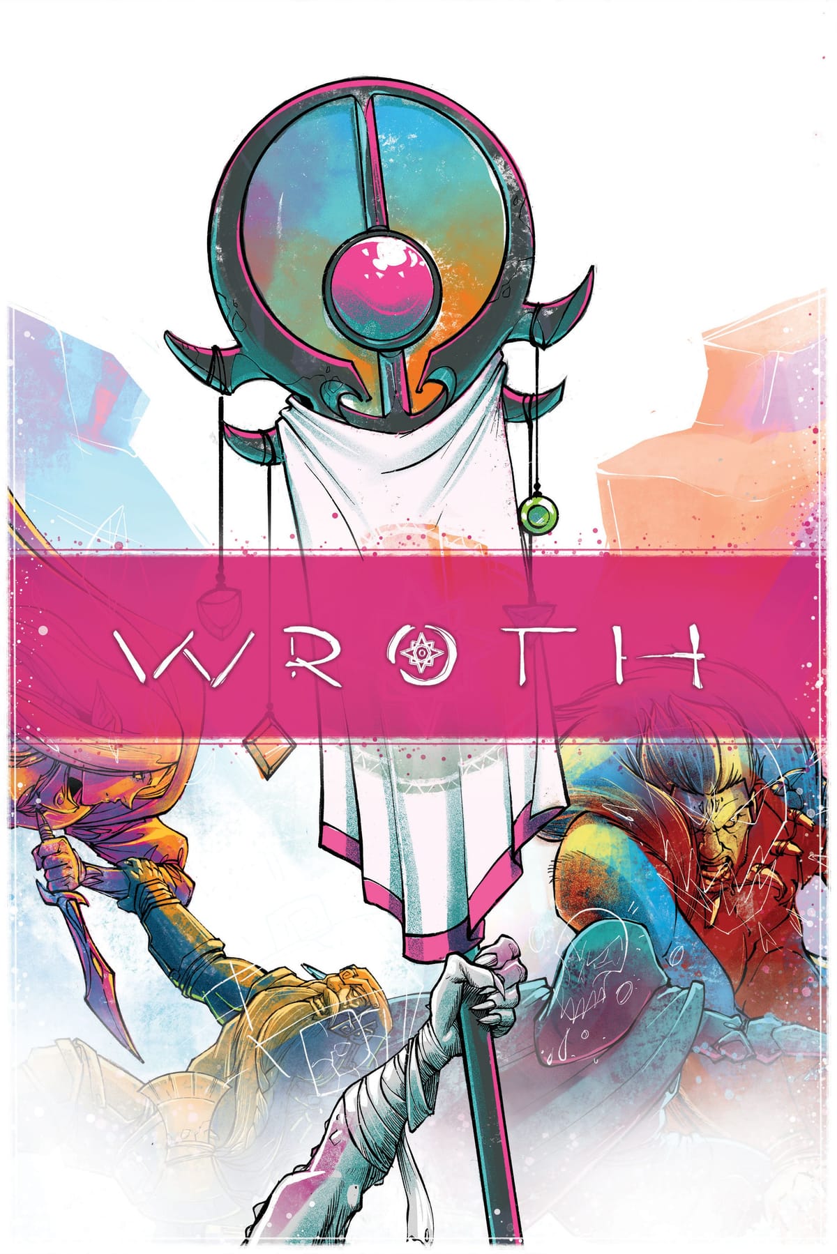 Cover der englischen Ausgabe von Wroth mit dem Spieltitel vor einer farbigen Fantasy-Landschaft.