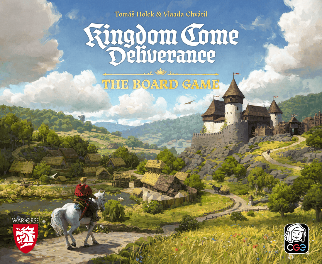 Key Art zu Kingdom Come: Deliverance - The Board Game mit Reiter vor einer Burglandschaft