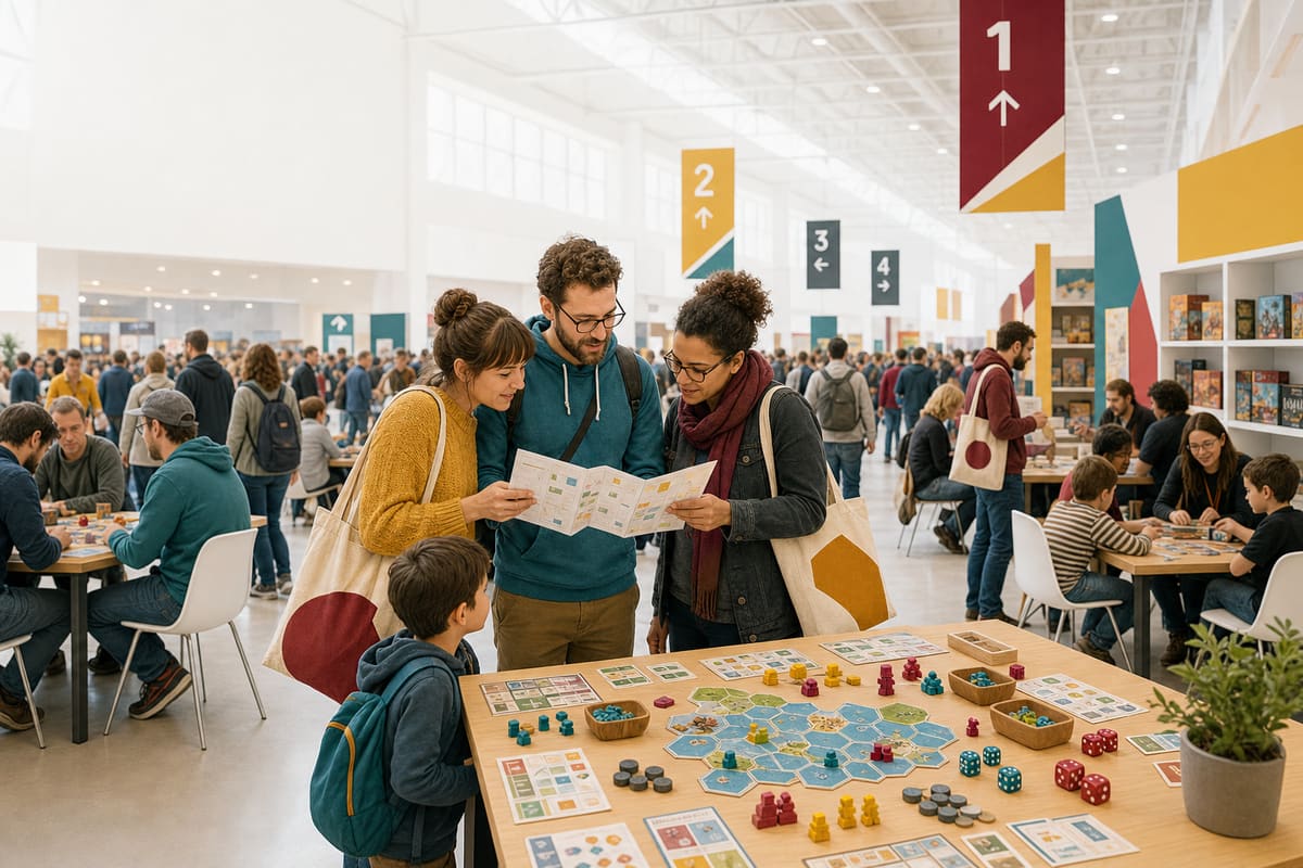 Volle Brettspielmesse mit Besuchern am Hallenplan und Spieltischen