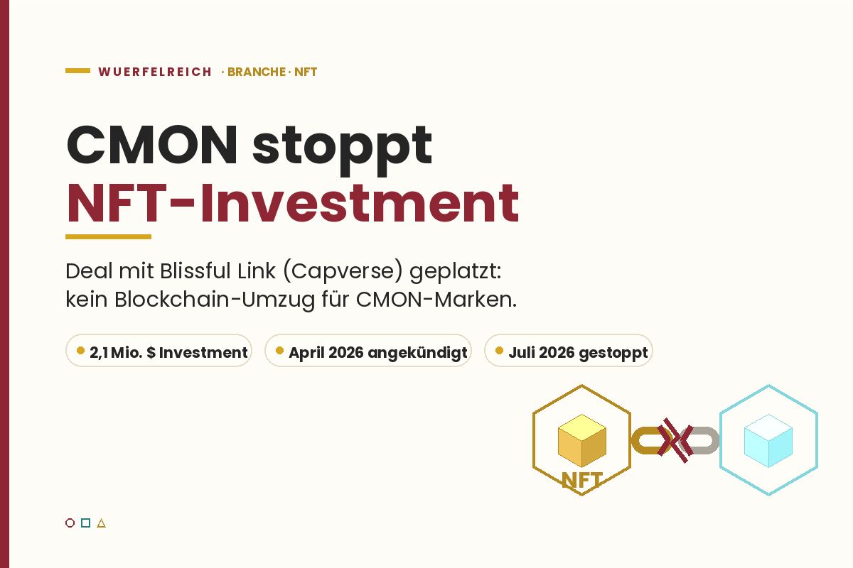 Helle Grafik im Würfelreich-Stil: ein NFT-Token, über eine gebrochene Blockchain-Kette getrennt von einem ausgegrauten zweiten Token, Titel „CMON stoppt NFT-Investment".