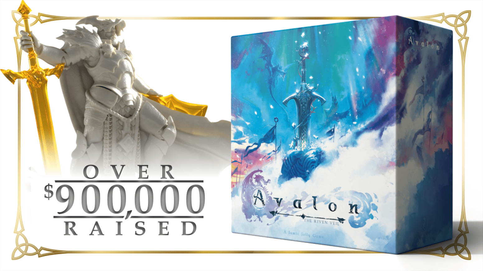Key-Art zu Avalon: The Riven Veil, Nebelinsel im Artus-Setting mit Rittern und Fabelwesen