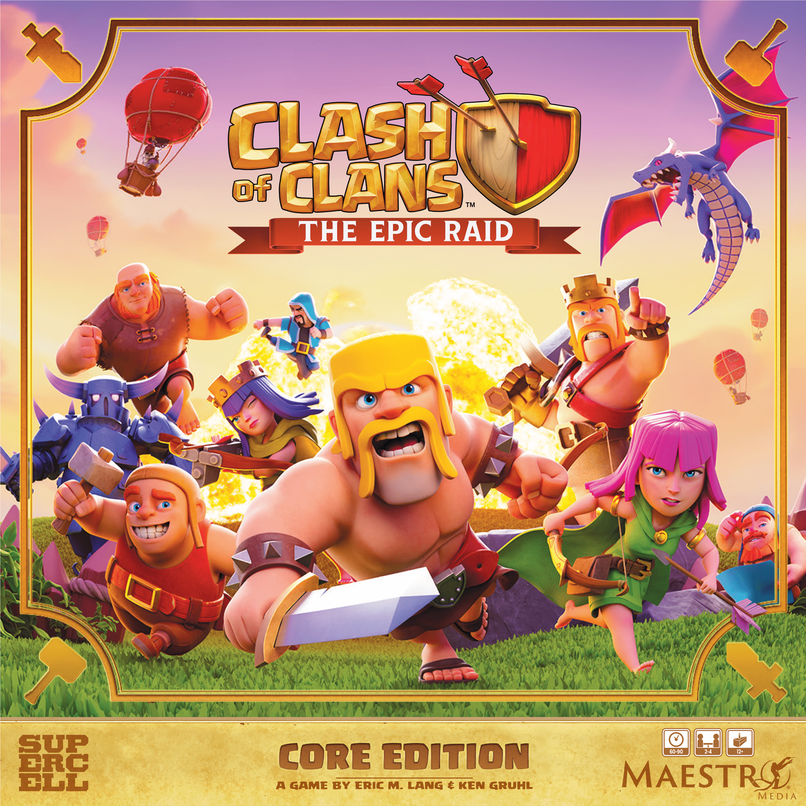 Box-Cover von Clash of Clans: Der epische Überfall, Barbar und Clash-Figuren vor brennendem Dorf