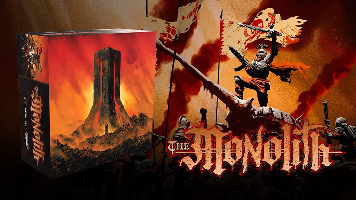 Kampagnen-Keyart zu The Monolith von Plaid Hat Games, Krieger und Kult vor dem titelgebenden Monolithen
