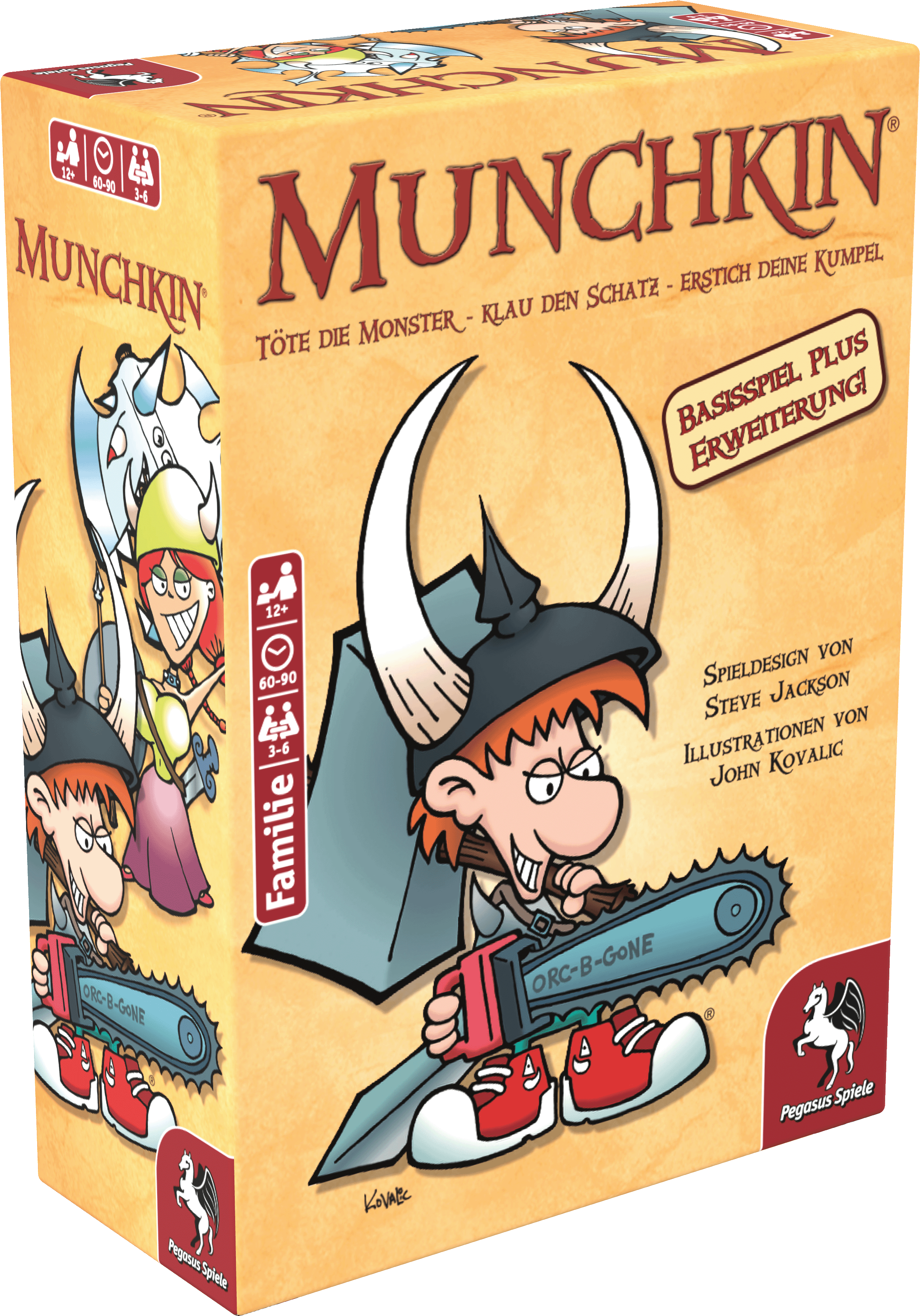 Verpackung von Munchkin 1+2 (Pegasus Spiele): Cartoon-Illustration kämpfender Fantasy-Figuren
