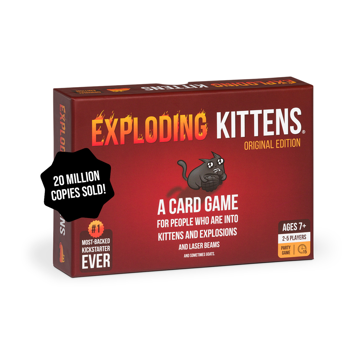 Verpackung von Exploding Kittens, Original Edition: dunkelrote Spielschachtel mit Comic-Katze und Granate