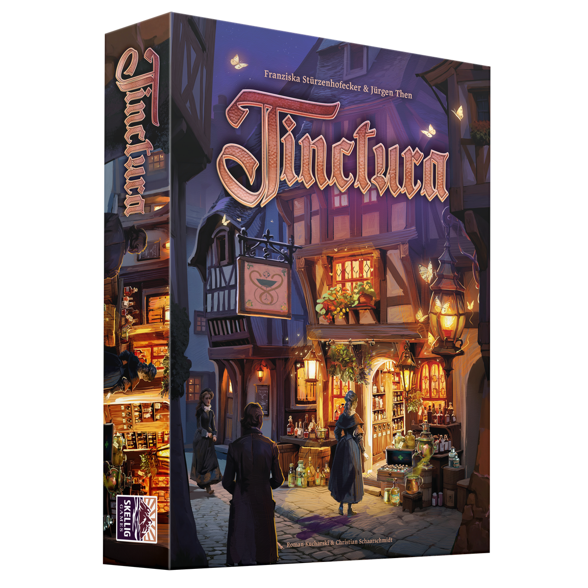 Verpackung von Tinctura (Skellig Games): 3D-Schachtel mit Illustration einer beleuchteten Apotheke in einer historischen Altstadtgasse