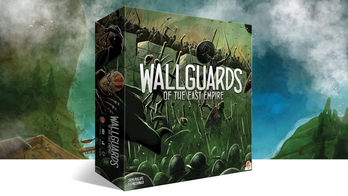 Box-Mockup von Wallguards of the East Empire (Garphill Games): Schlachtenillustration mit Verteidigern vor Stadtmauern
