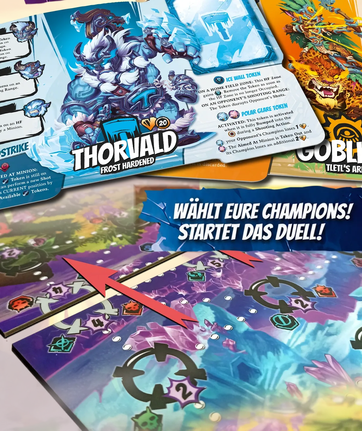 Illustrierte Kampagnenkarten und Spielplanausschnitt von Mighty Shot mit dem Schriftzug „Wählt eure Champions! Startet das Duell!“