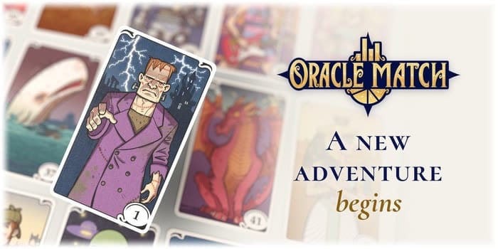 Key-Art zu Oracle Match von Tablescope mit Schriftzug "A new adventure begins" und einer illustrierten Charakterkarte vor einem Fächer weiterer Karten