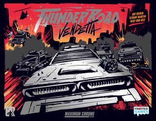 Coverbild der Maximum-Chrome-Ausgabe von Thunder Road Vendetta (Frosted Games): gepanzerte Autos rasen über eine Straße vor rotem Himmel, vorn ein verchromter Wagen.