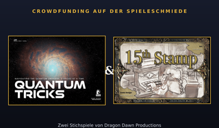 Doppel-Feature: links das dunkle Weltraum-Cover von Quantum Tricks, rechts das sepiafarbene Cover von 15th Stamp, zwei Stichspiele von Dragon Dawn Productions auf der Spieleschmiede