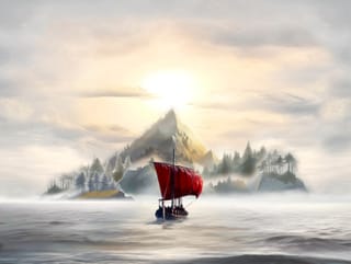 Boxcover von Die Dänen: ein Wikinger-Langschiff mit gestreiftem Segel und Kriegern an Bord segelt aufs offene Meer, im Hintergrund Steilküste unter dramatischem Himmel.