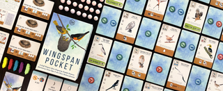 Spielschachtel von Wingspan Pocket mittig auf dunklem Tisch, umgeben von aufgefächerten Vogel- und Futterkarten des Spiels.
