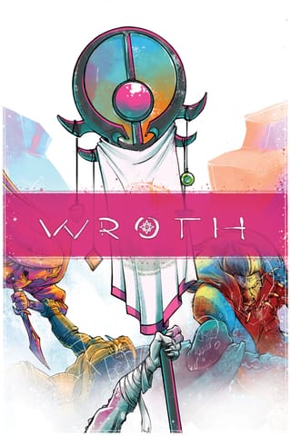 Cover der englischen Ausgabe von Wroth mit dem Spieltitel vor einer farbigen Fantasy-Landschaft.