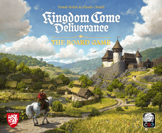 Key Art zu Kingdom Come: Deliverance - The Board Game mit Reiter vor einer Burglandschaft