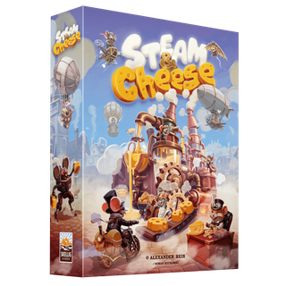 Spielschachtel von Steam & Cheese (Skellig Games): steampunk-artige Käsefabrik mit Zeppelinen und Maus-Figuren auf hellem Hintergrund.