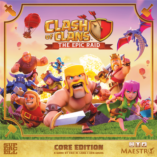Box-Cover von Clash of Clans: Der epische Überfall, Barbar und Clash-Figuren vor brennendem Dorf