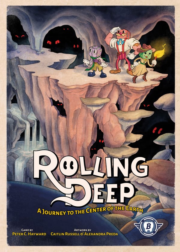 Rolling Deep: Coverbild mit drei Würfelkopf-Helden auf einem Felsvorsprung in einer dunklen Höhle, im Hintergrund glühende rote Augen, Solo-Würfel-Roguelike von Bitewing Games
