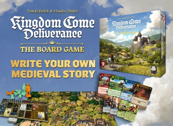 Offizielles Key Art zu Kingdom Come: Deliverance Das Brettspiel von CGE mit Spielschachtel, Spielplan und Karten vor mittelalterlicher Landschaft