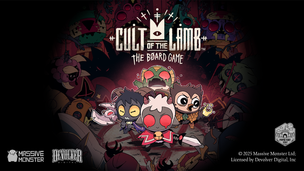 Key-Art zu Cult of the Lamb: The Board Game: das Lamm mit Krone und Dolch steht zwischen zwei Anhängern vor einer dunklen Höhle, ringsum die Köpfe der vier Bischöfe.