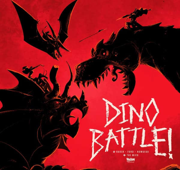 Dino Battle, dramatisches Cover der Neuauflage von Rebellion Unplugged mit dinosaurierreitenden Kriegern vor rotem Himmel