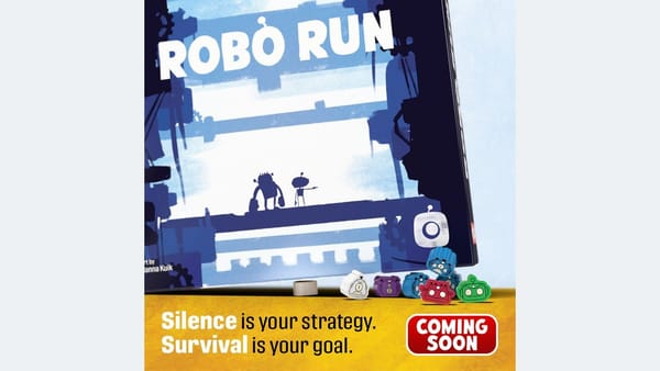 Cover von Robo Run (Portal Games): zwei Roboter als Silhouette in einer Sci-Fi-Fabrik, davor bunte Roboter-Spielfiguren, kooperatives Zwei-Personen-Spiel, SPIEL 2026
