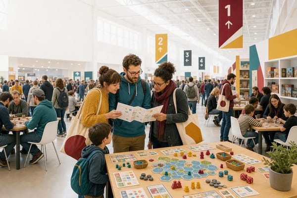 Volle Brettspielmesse mit Besuchern am Hallenplan und Spieltischen